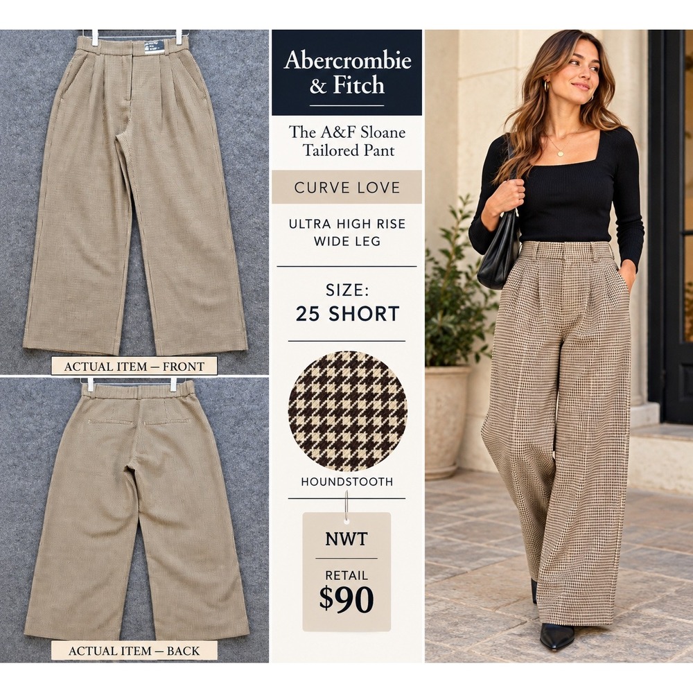 Abercrombie Sloane Tailored Pant Womens Curve Love Wide Leg Houndstooth 25S NWT